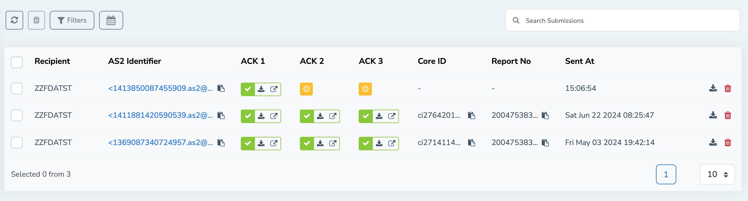 FDA list view - ACK1 received