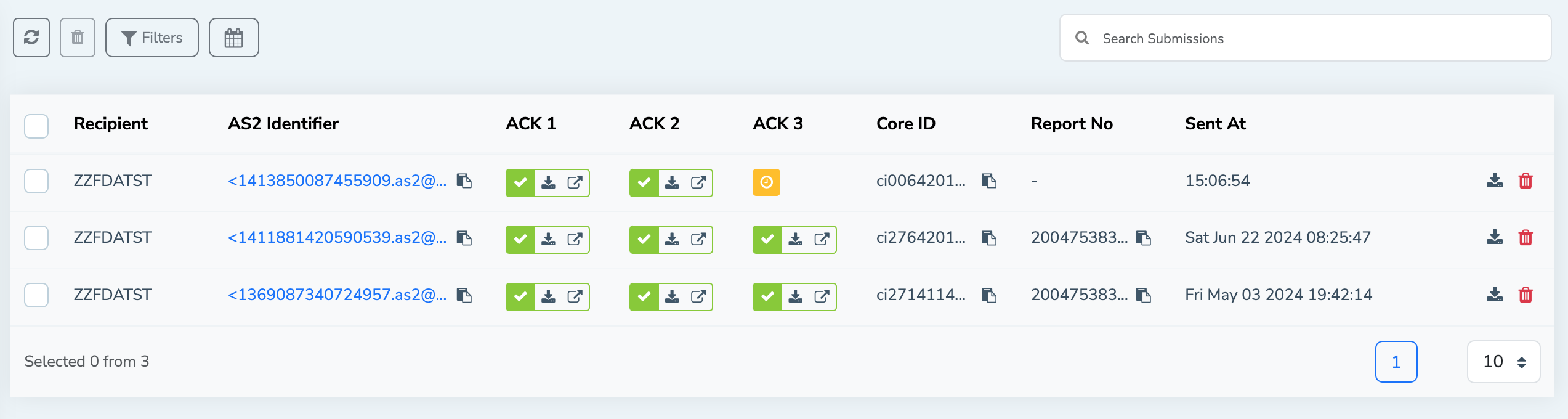 FDA list view - ACK2 received