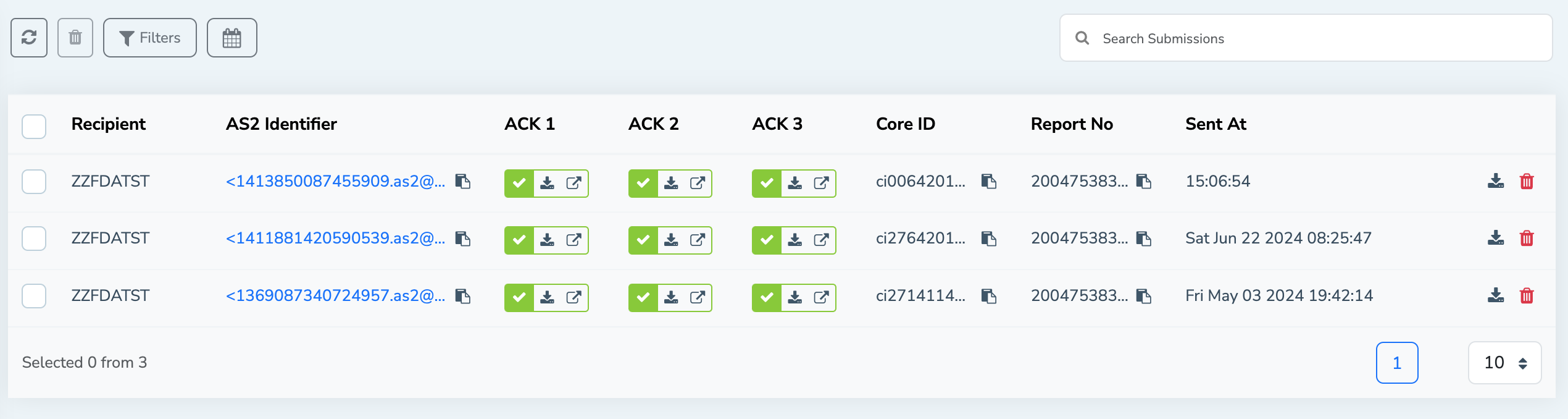 FDA list view - ACK3 received