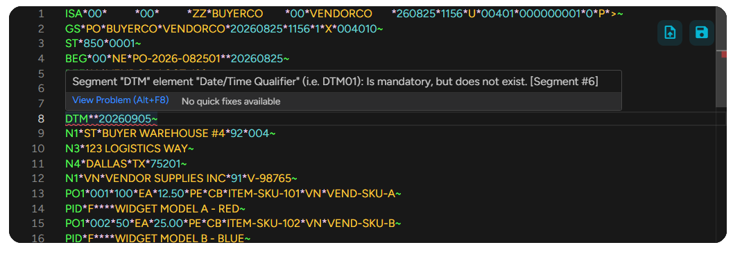 Errors mapped in the editor EDI editor highlighting the DTM segment with an error tooltip