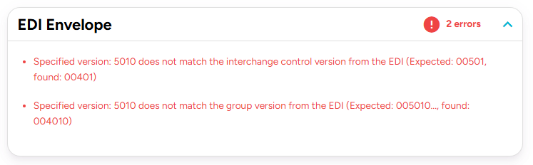 Worked example: version mismatch EDI envelope errors: specified version 5010 does not match the interchange and group versions