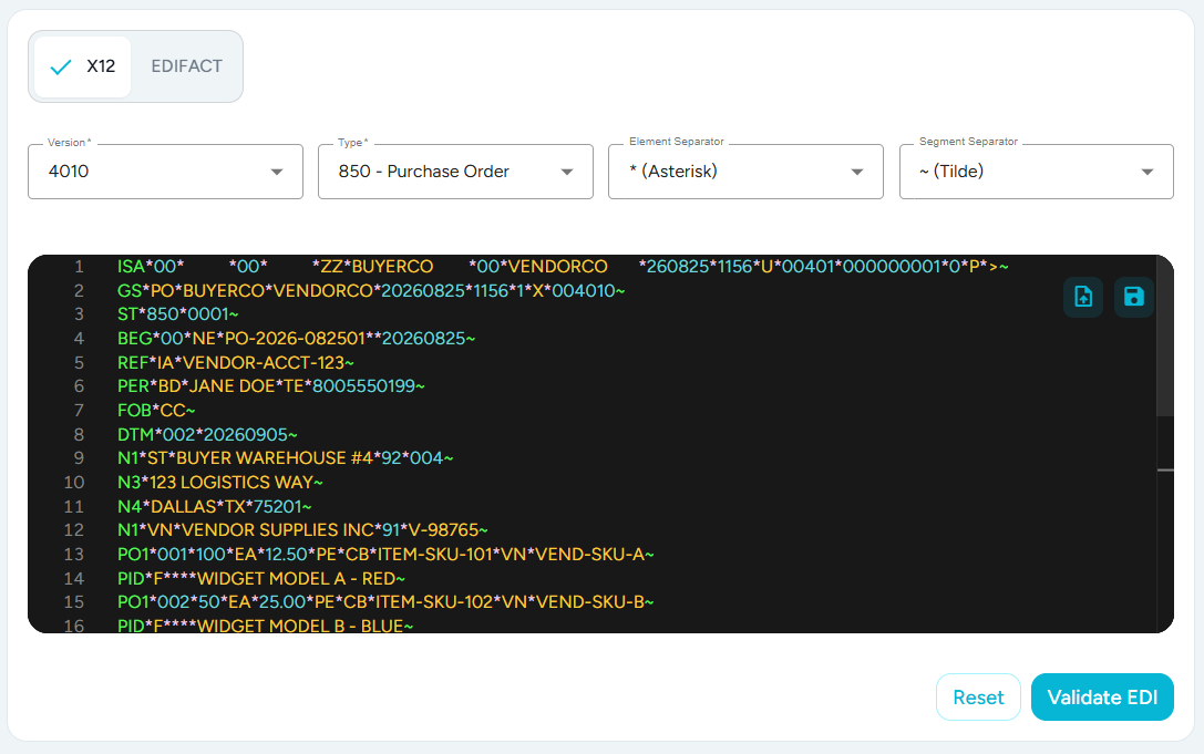 Validate EDI EDI Validator form with X12 version, transaction type, separators, and the EDI editor