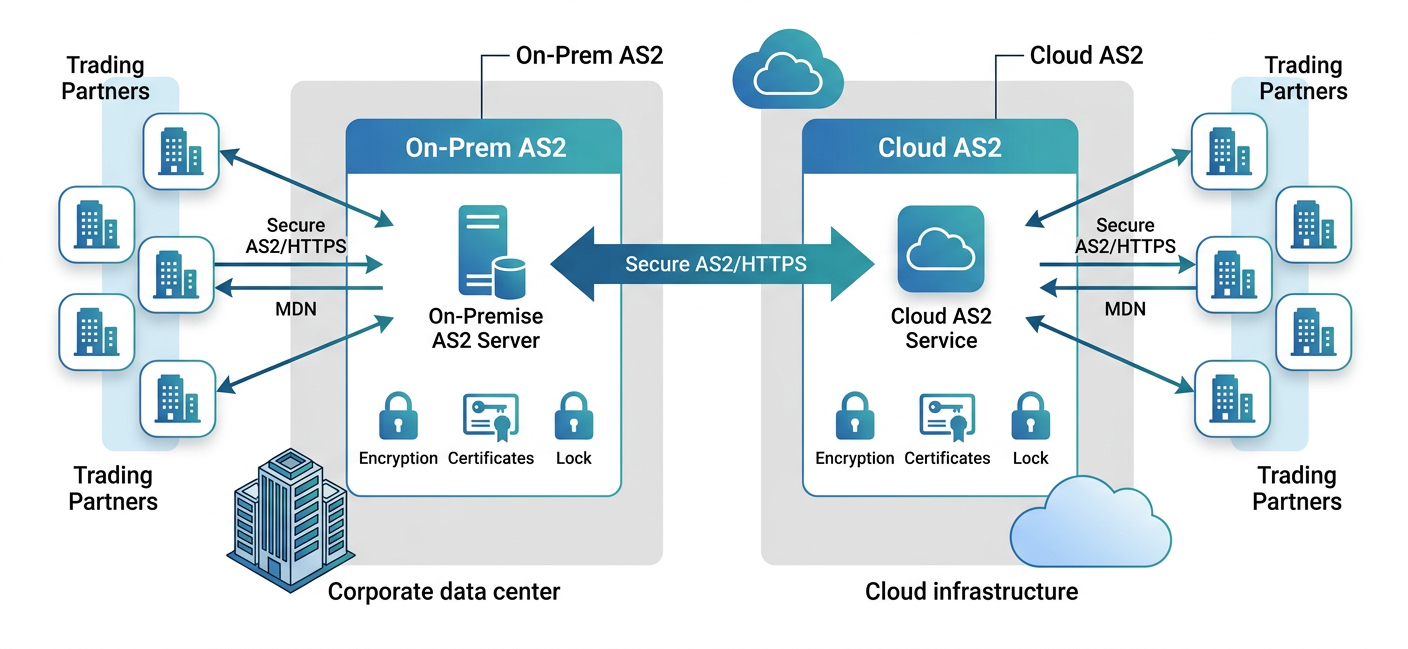 Hybrid AS2 deployment diagram with on-premise AS2 server and cloud AS2 service connected to trading partners on both sides