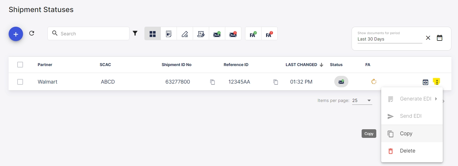 Making a copy of a shipment status update