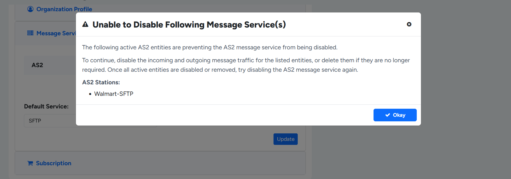Warning when disabling a message service with active entities