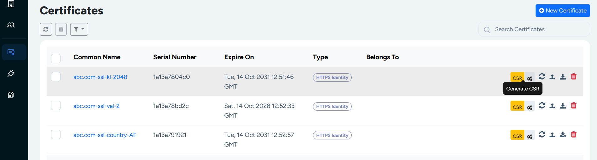 Generate a CSR for an HTTPS Identity certificate