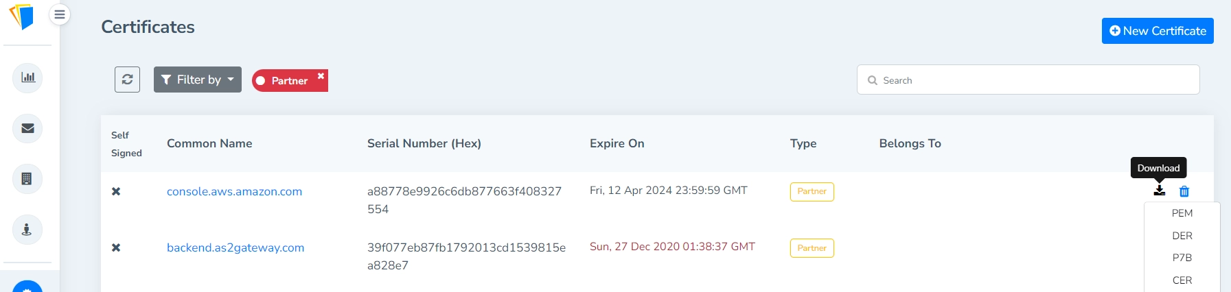 Ability to export public key in .cer and .p7b formats