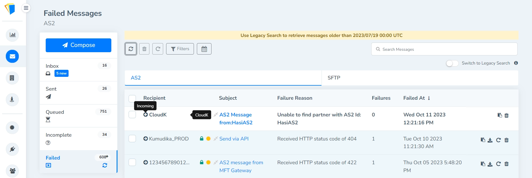 Persisting incoming failed messages in the Failed message list