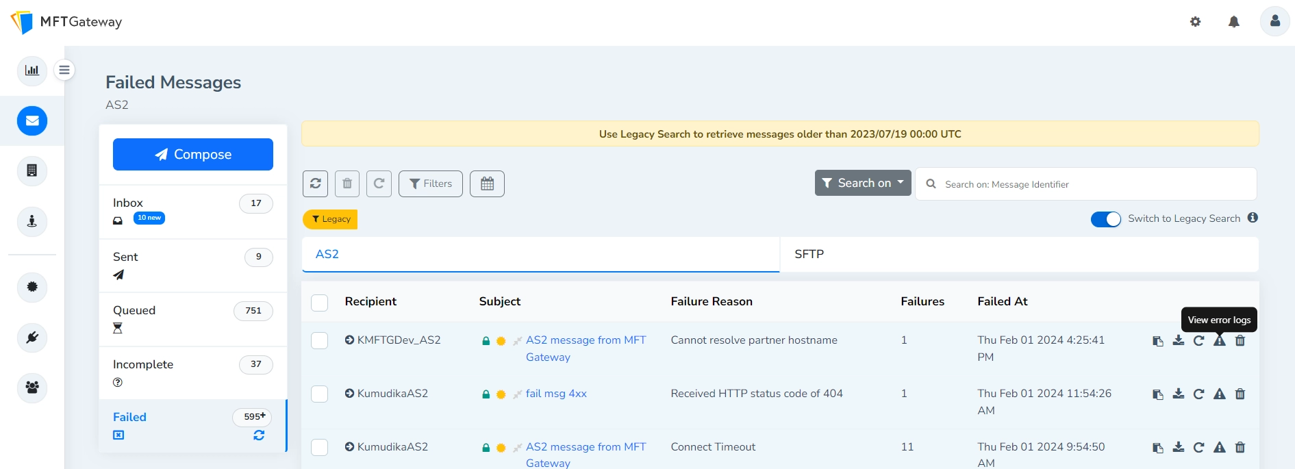 Retrieve message error logs from message list view