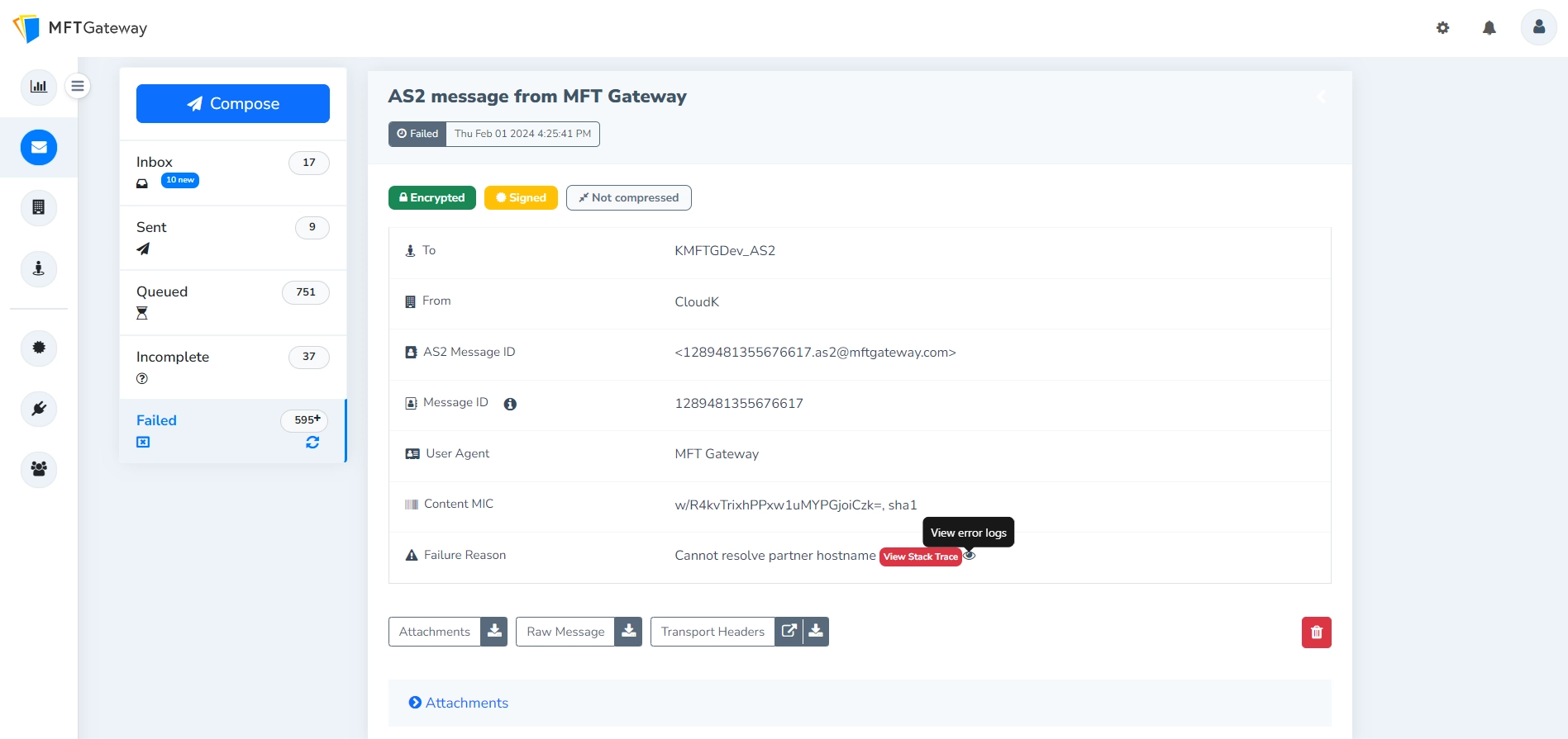 Retrieve message error logs from message list view