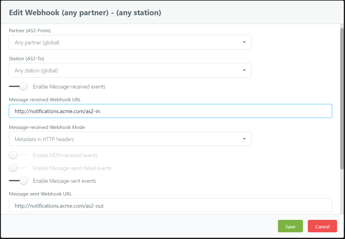 New webhook editor view with enable/disable switches