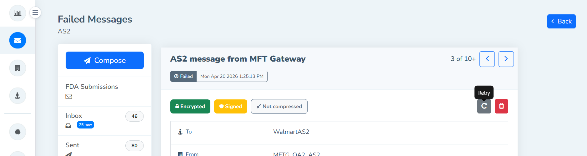 Retry option on the individual message detail view