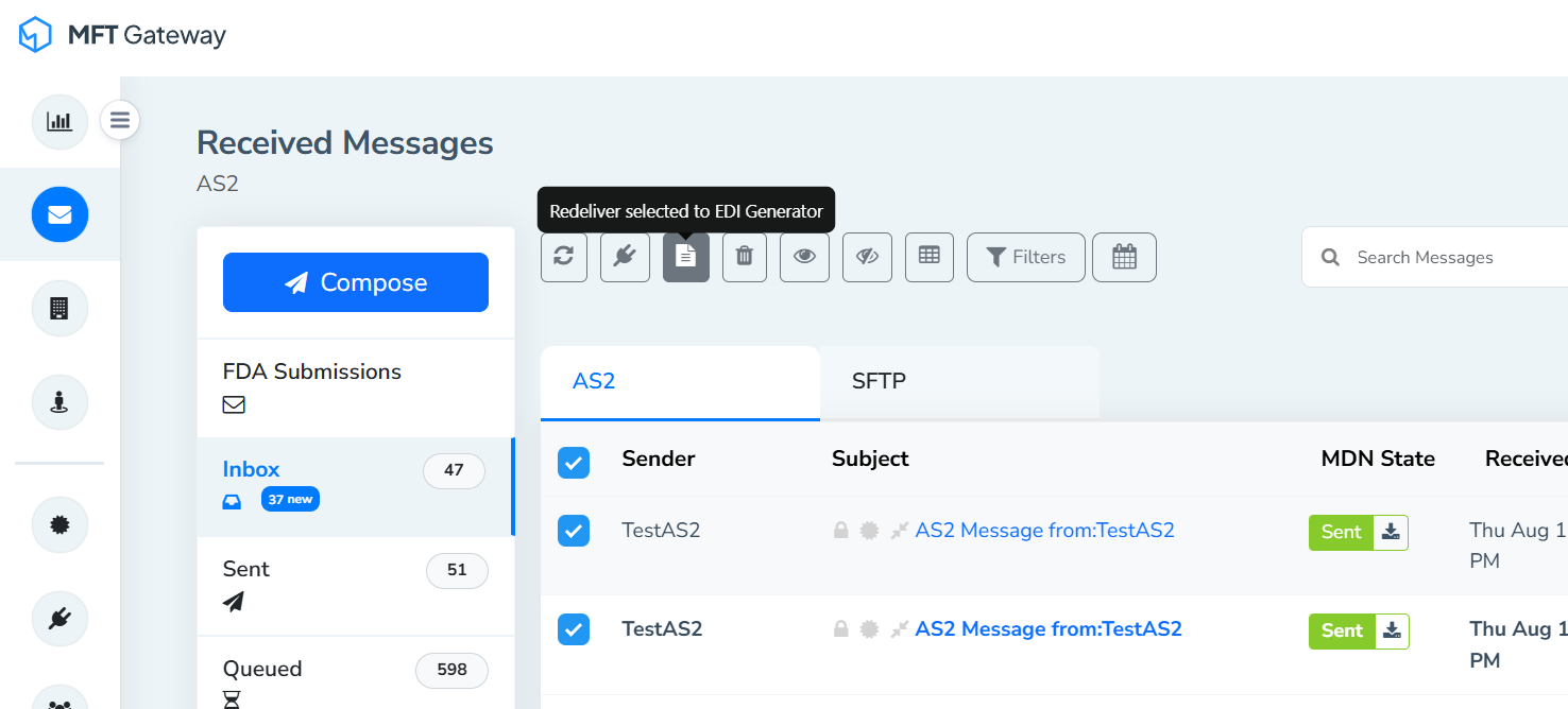 AS2 message bulk EDI Generator redelivery