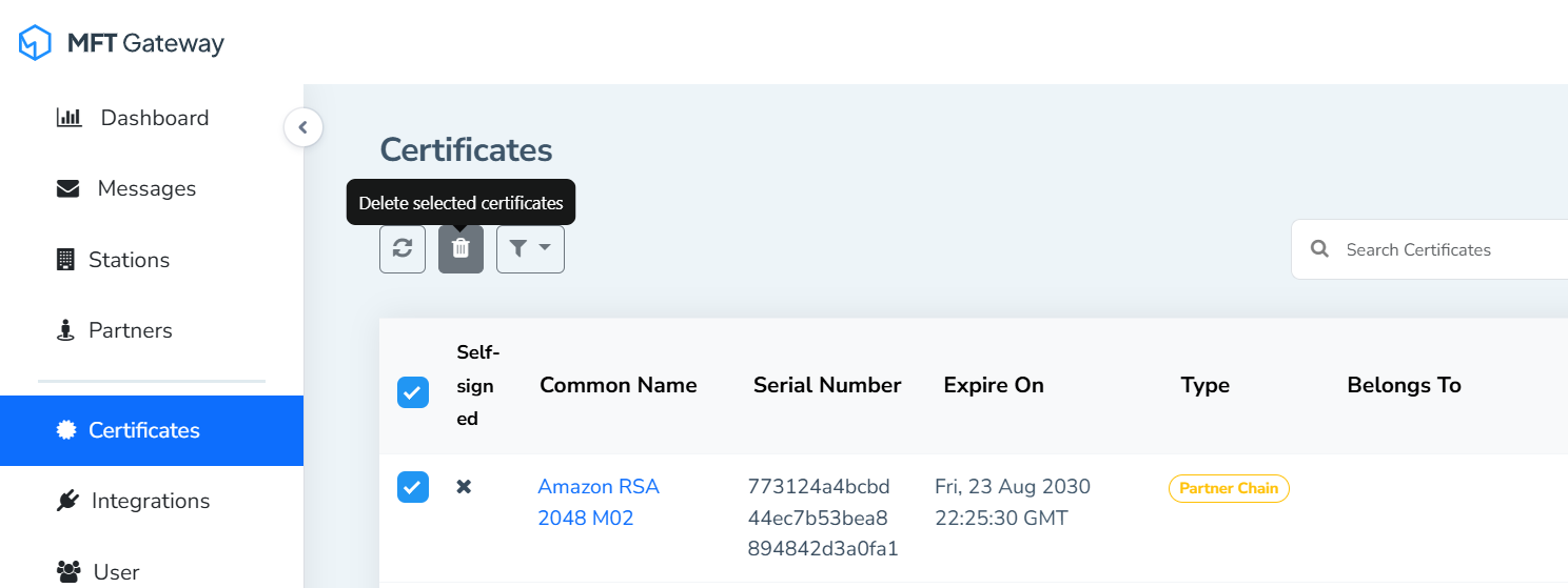 Bulk AS2 certificate deletion option