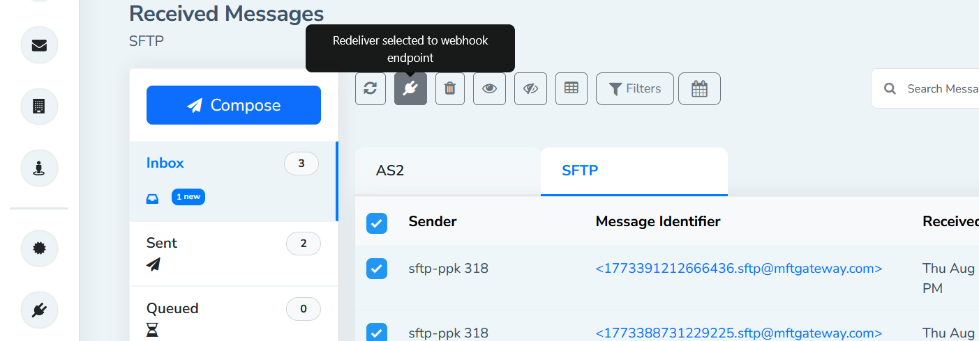 SFTP message bulk webhook redelivery