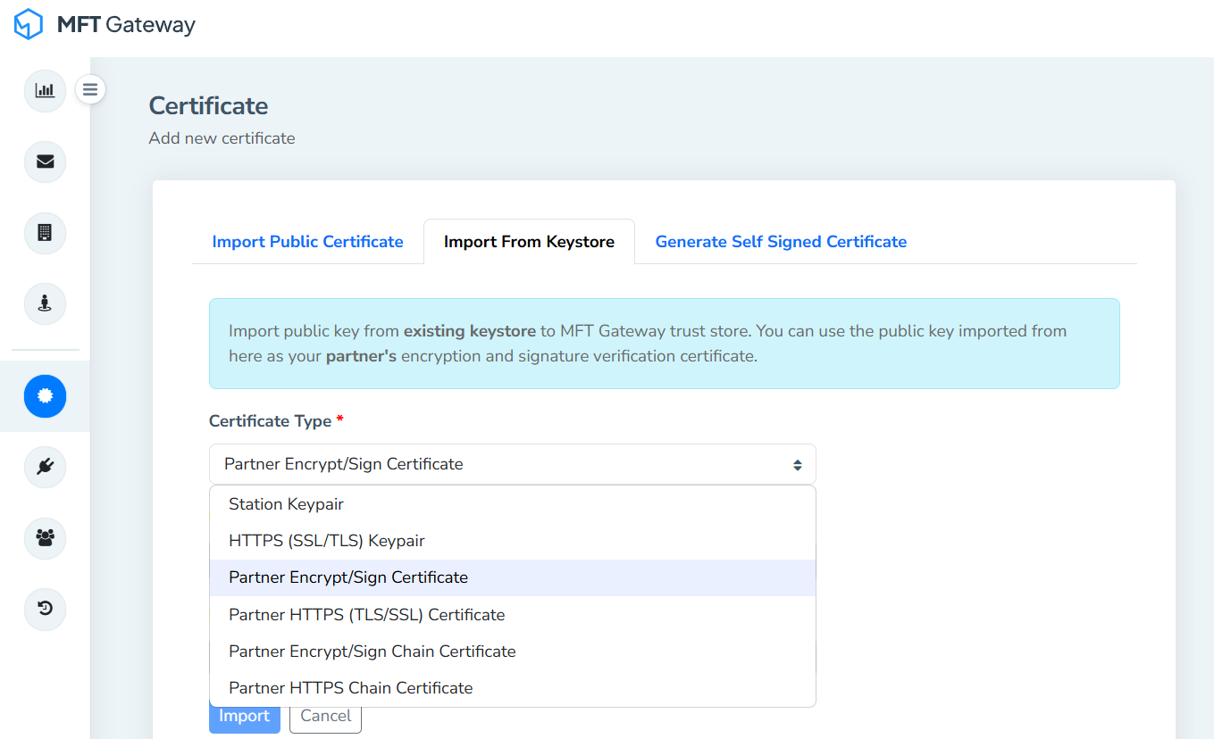 Partner Certificate Upload from Keystore