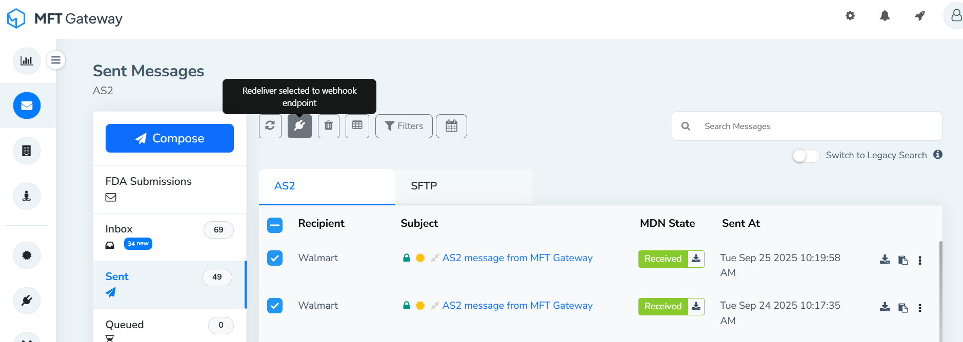 Sent/Incomplete/Failed Message Lists