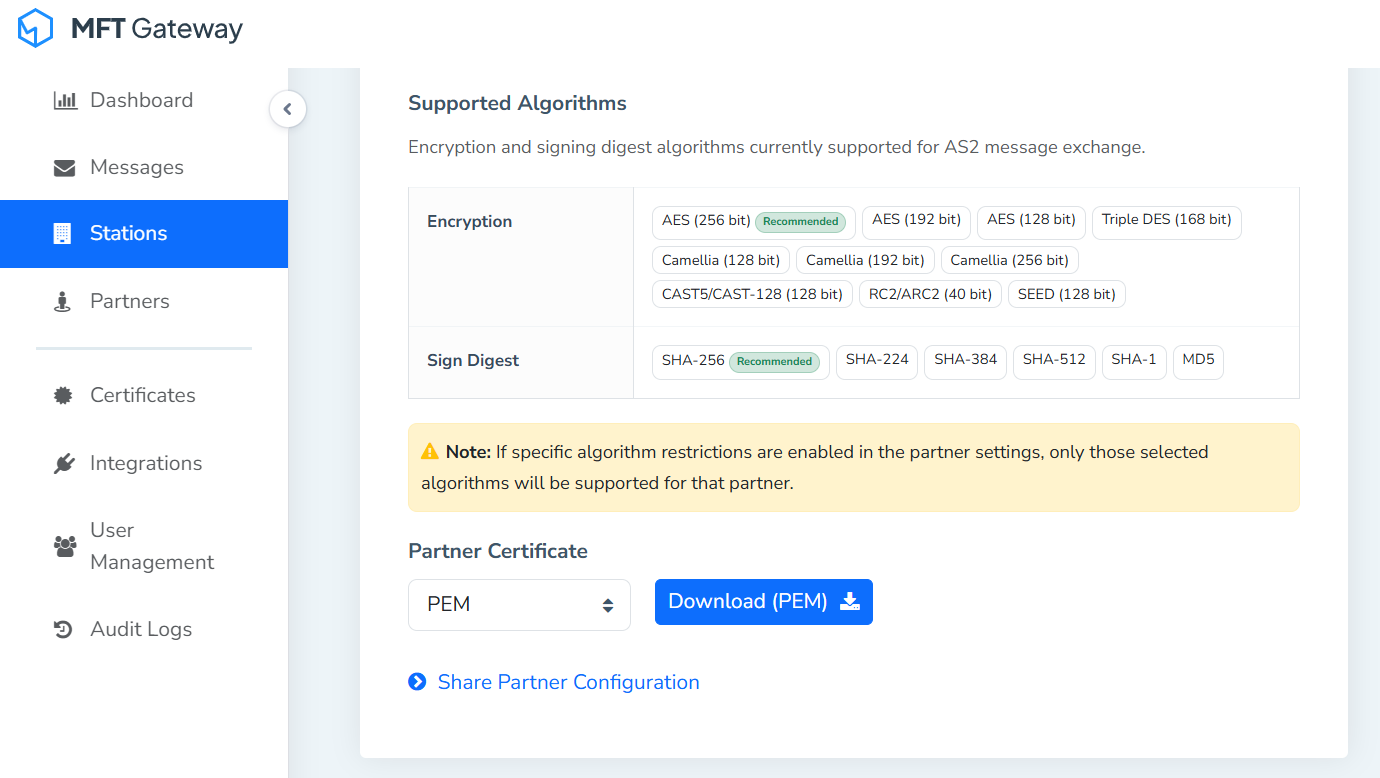 supported encryption and signing algorithms