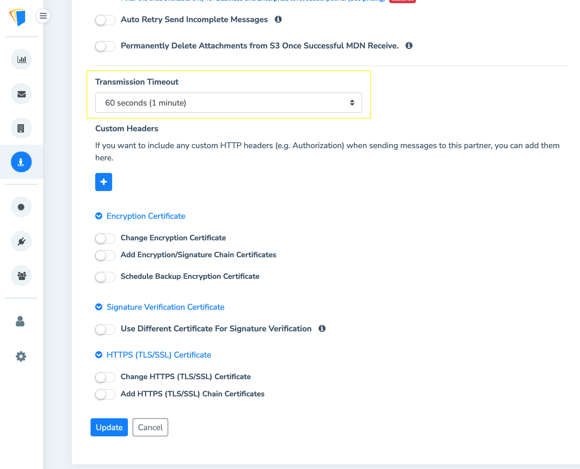 Manage Partner view with Transmission Timeout field
