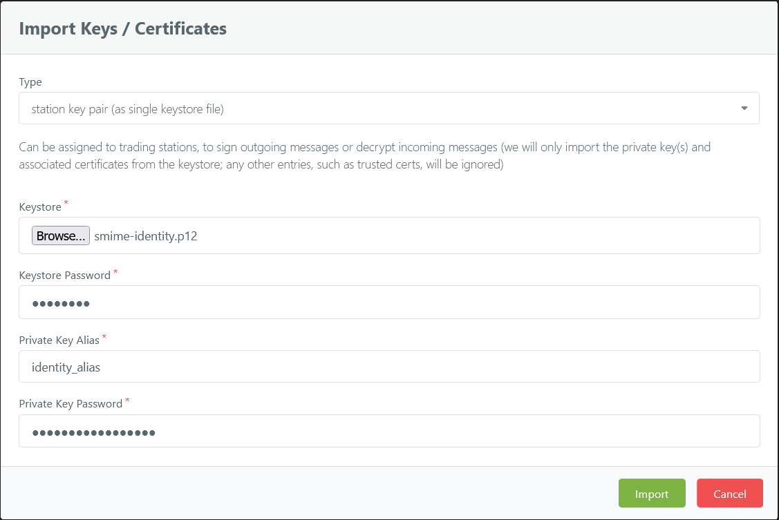 "Import Keys/Certificates" dialog