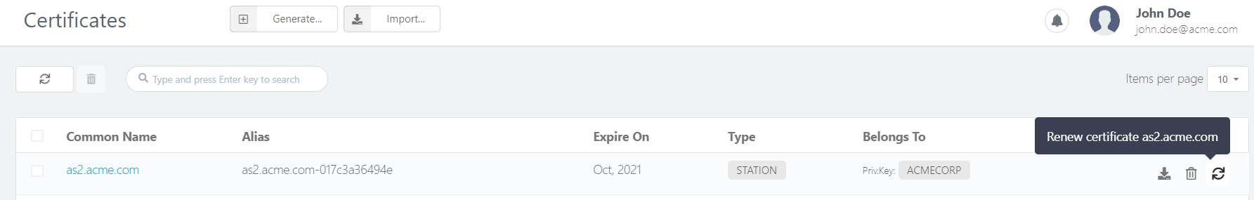 Certificate Manager page: list view