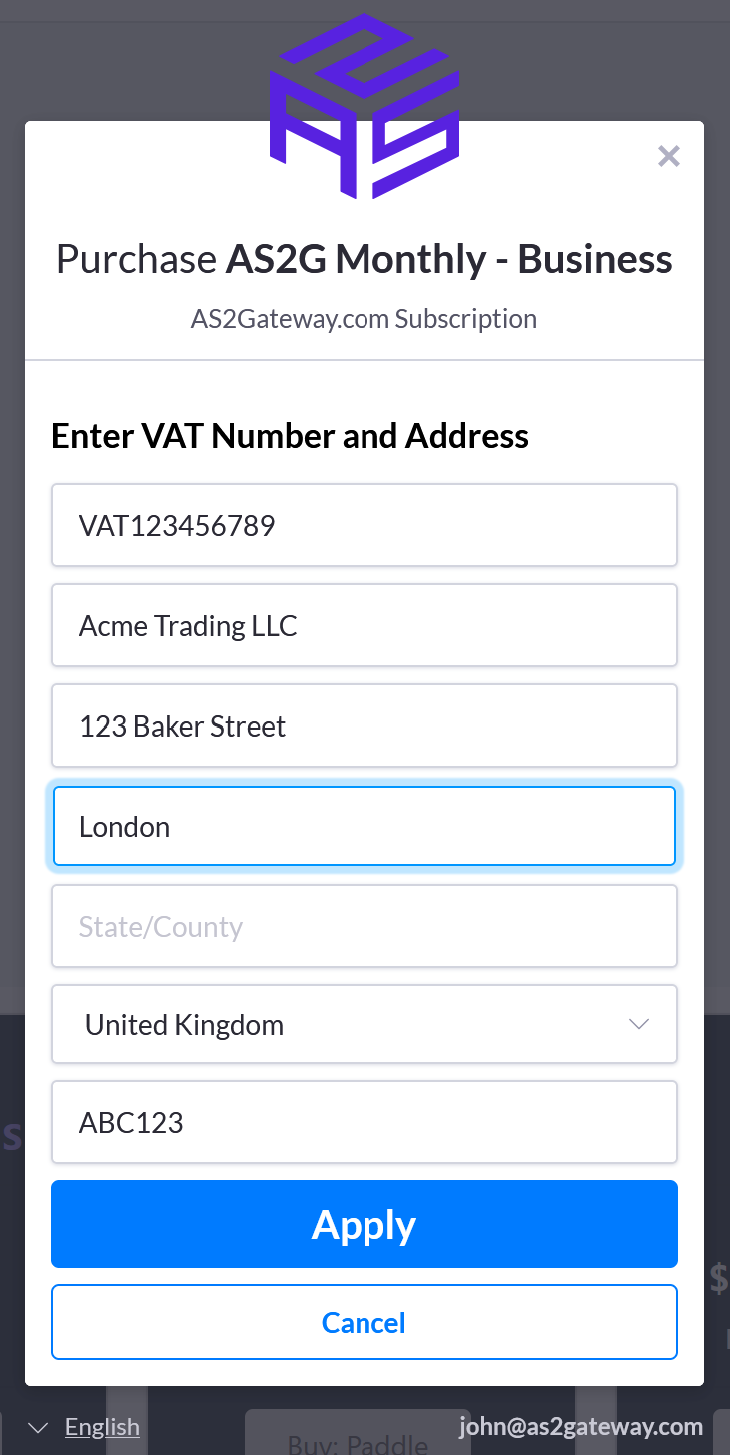 Billing address and VAT/Tax No