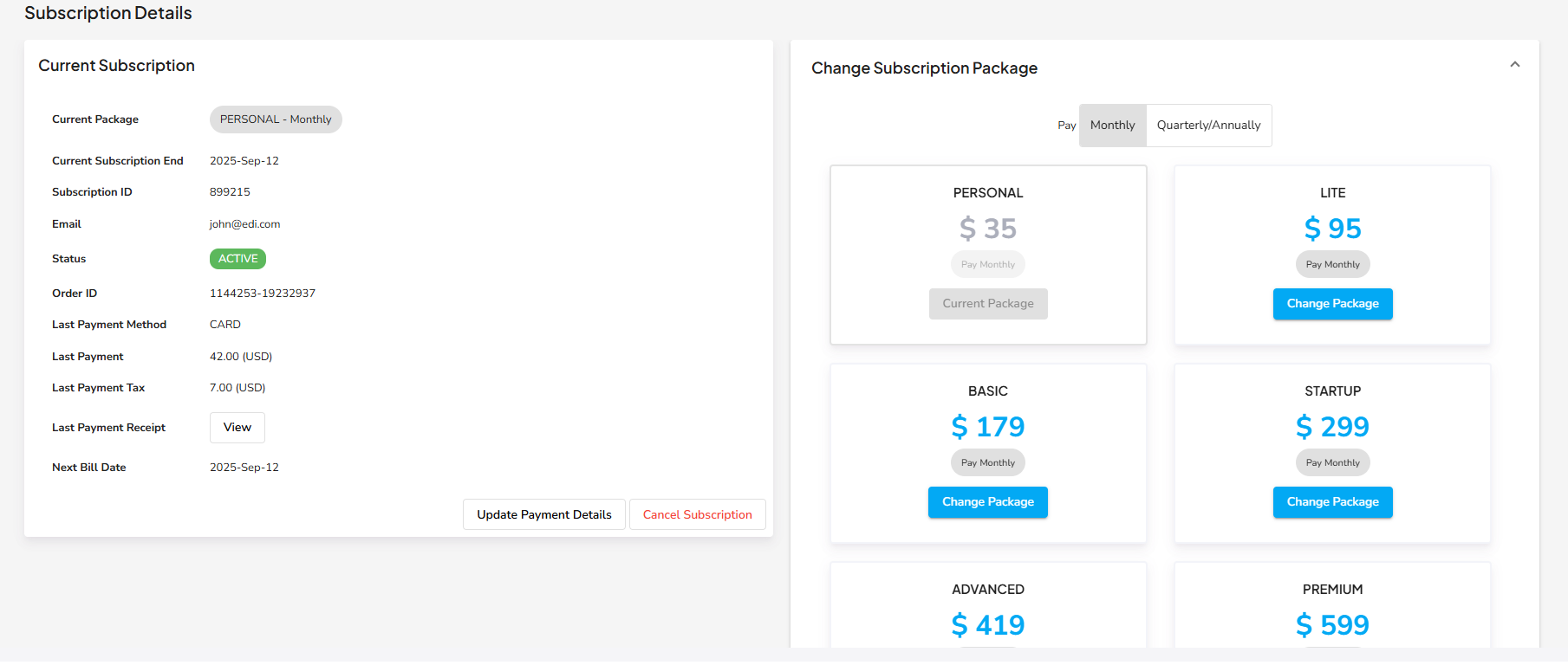 Current Subscription Page