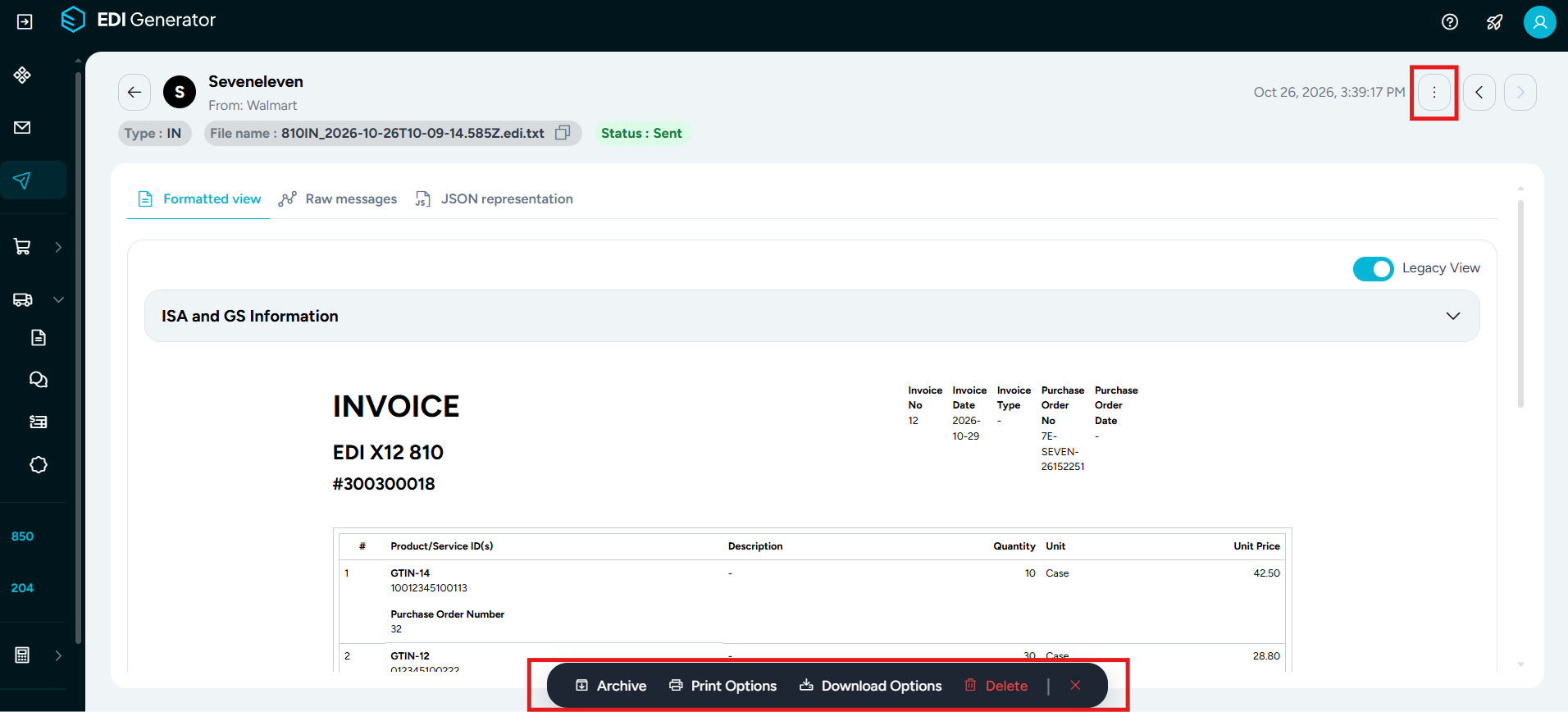 Actions on EDI view page Outbox-view-page-actions