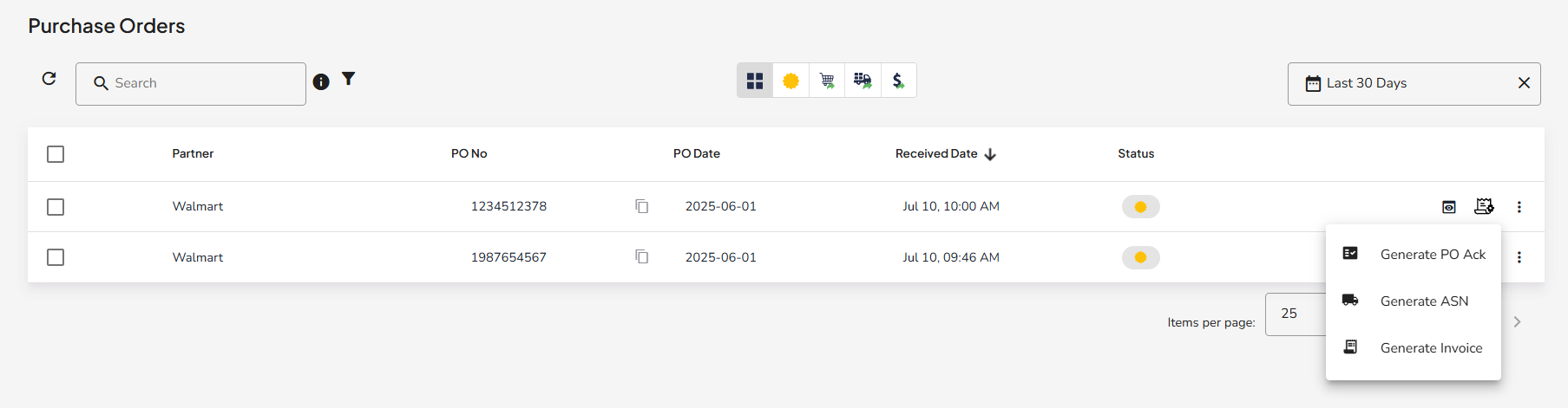 Purchase Order List Generate Menu Purchase Order List Generate actions