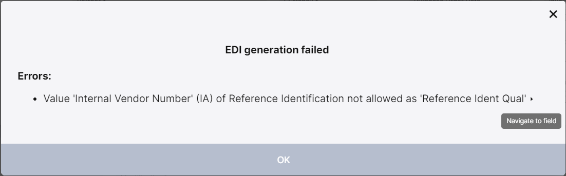 Validation failure results displayed in a pop-up, with a navigation link to the offending field