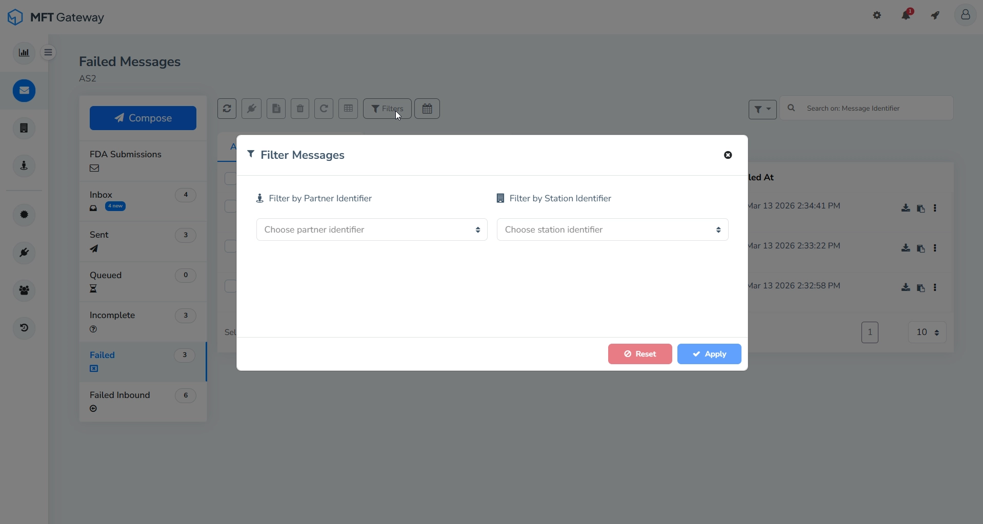 Failed Messages Table Filter By Identifiers