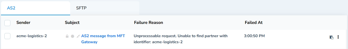 Failed Inbound Messages Table Single Entry Action Buttons