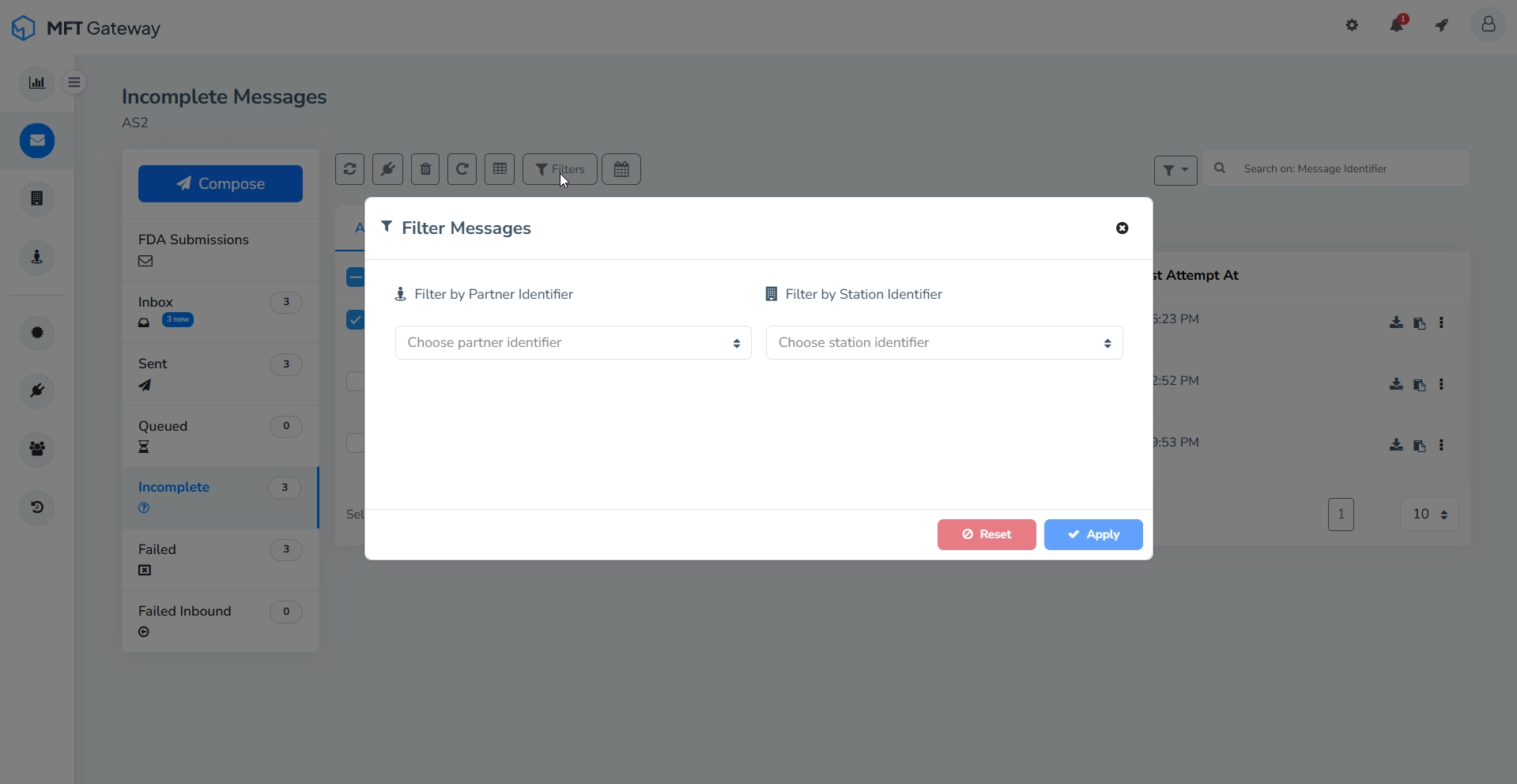 Incomplete Messages Table Filter By Identifiers