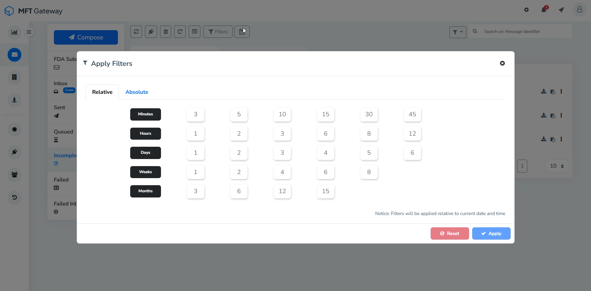 Incomplete Messages Table Filter On Timestamp