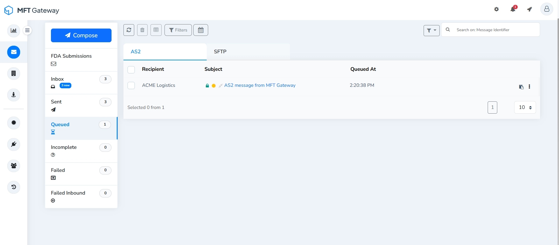 MFT Generator Queued AS2 Messages View