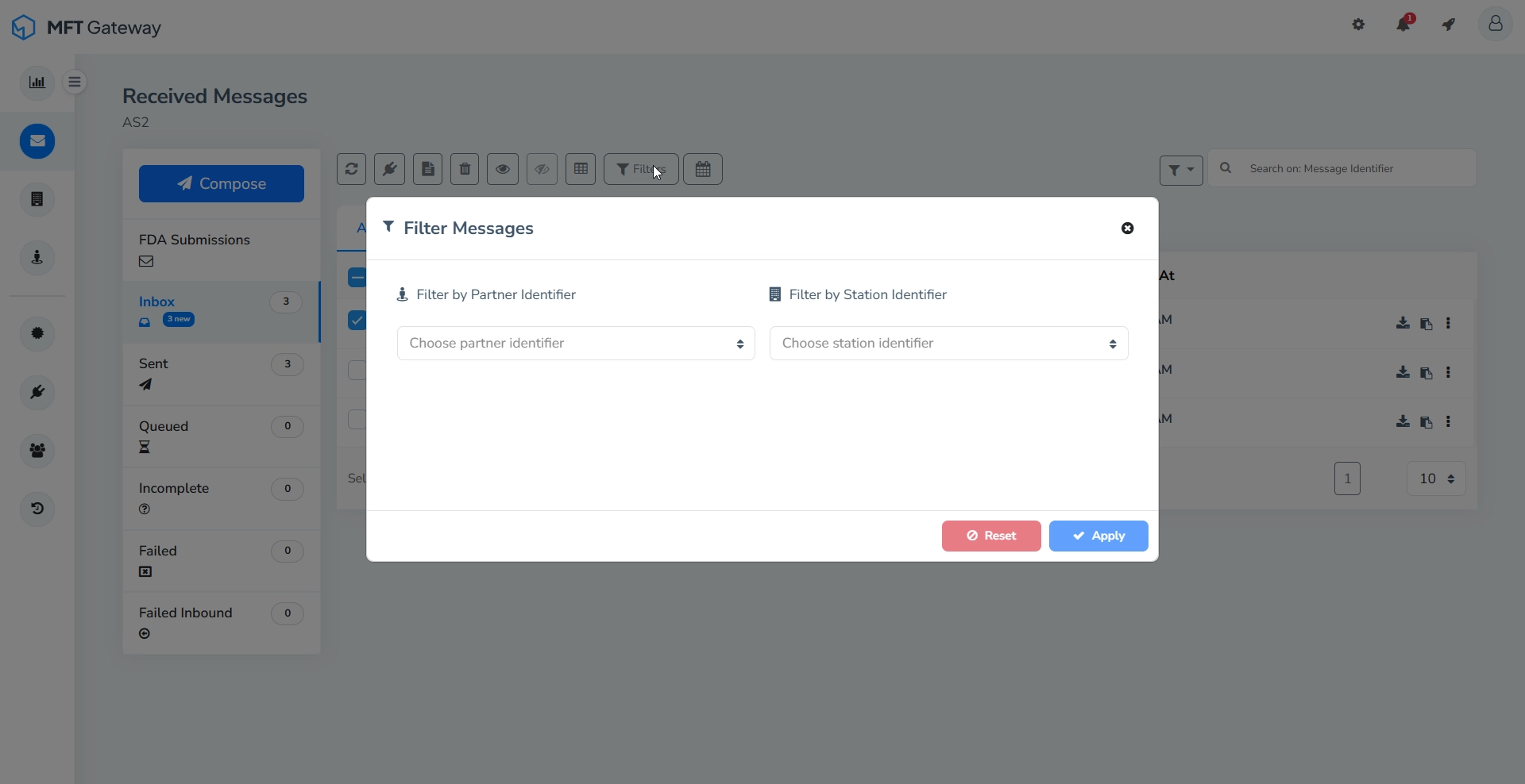 Received Messages Table Filter By Identifiers