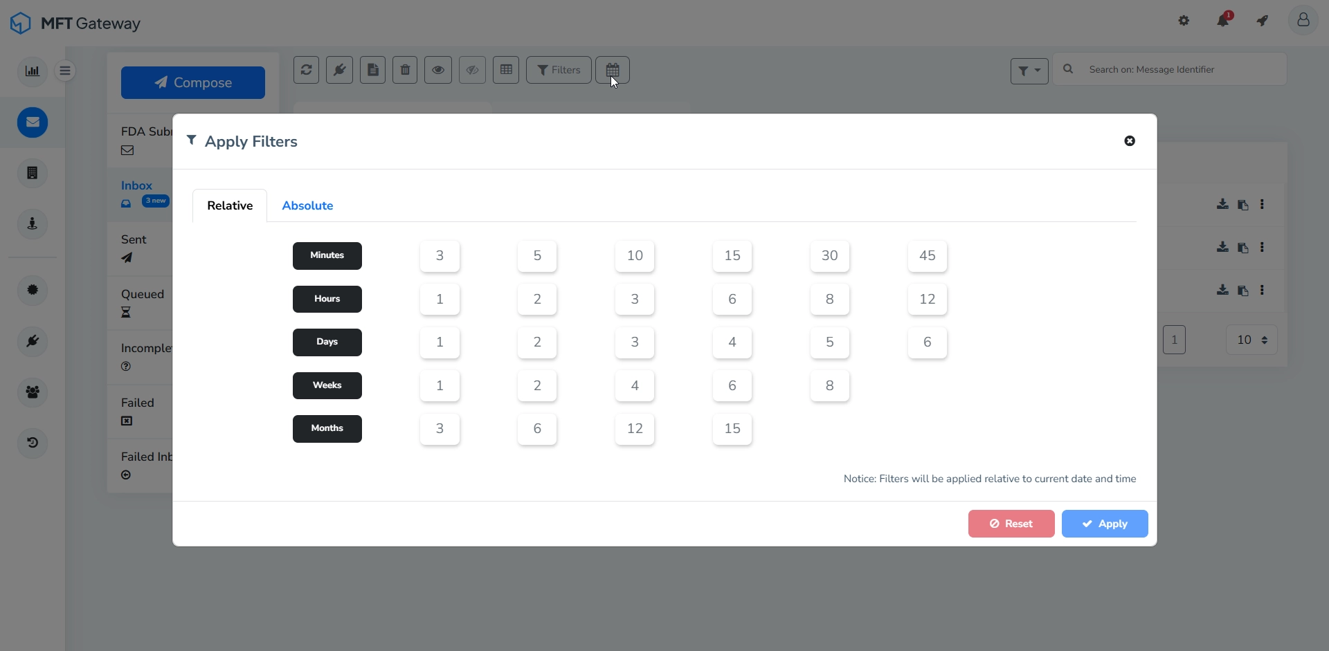 Received Messages Table Filter On Timestamp