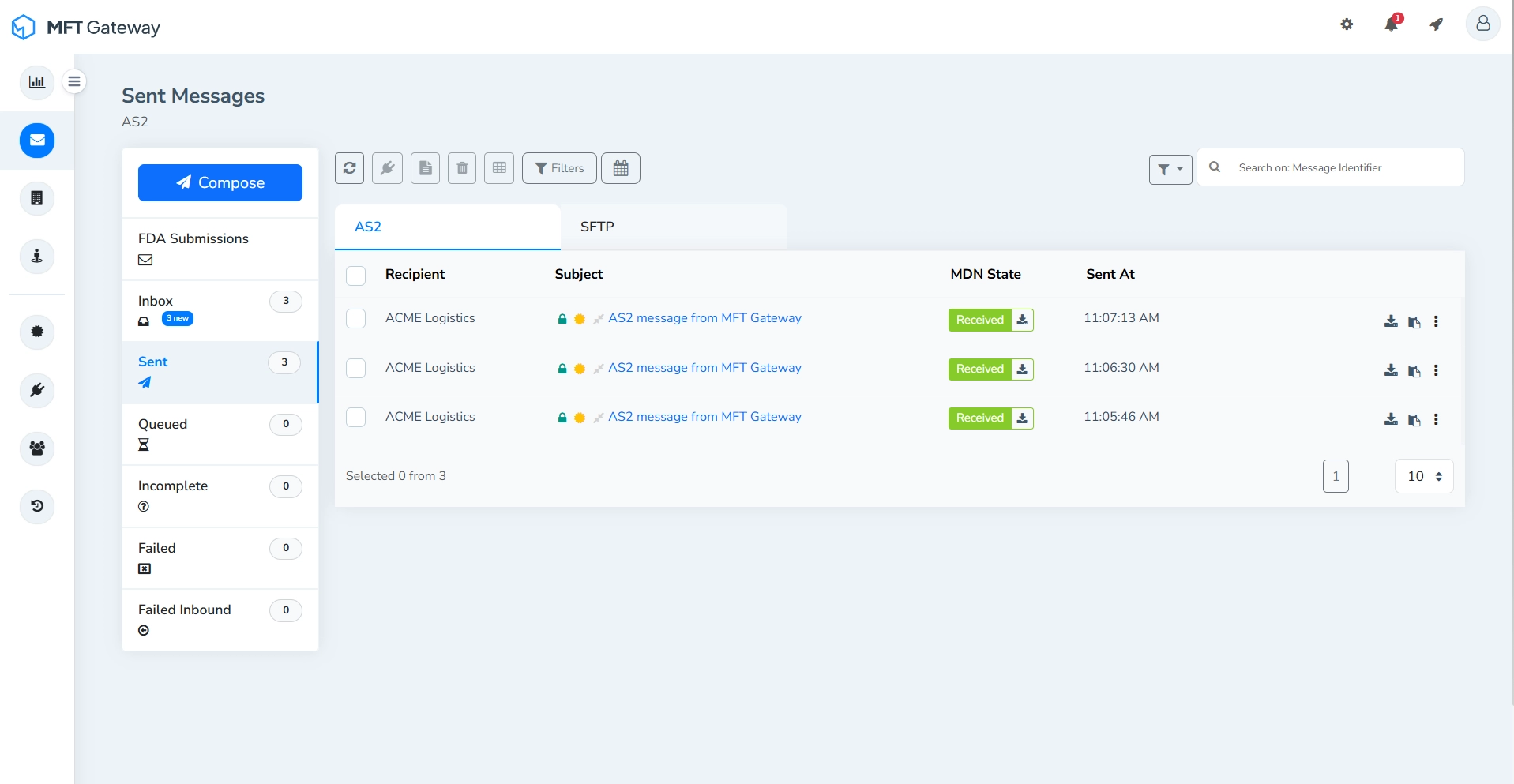 MFT Generator Sent AS2 Messages View