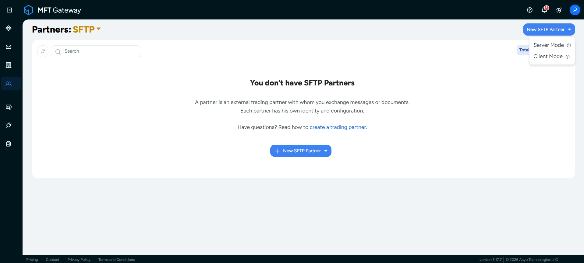 New SFTP Partner drop-down