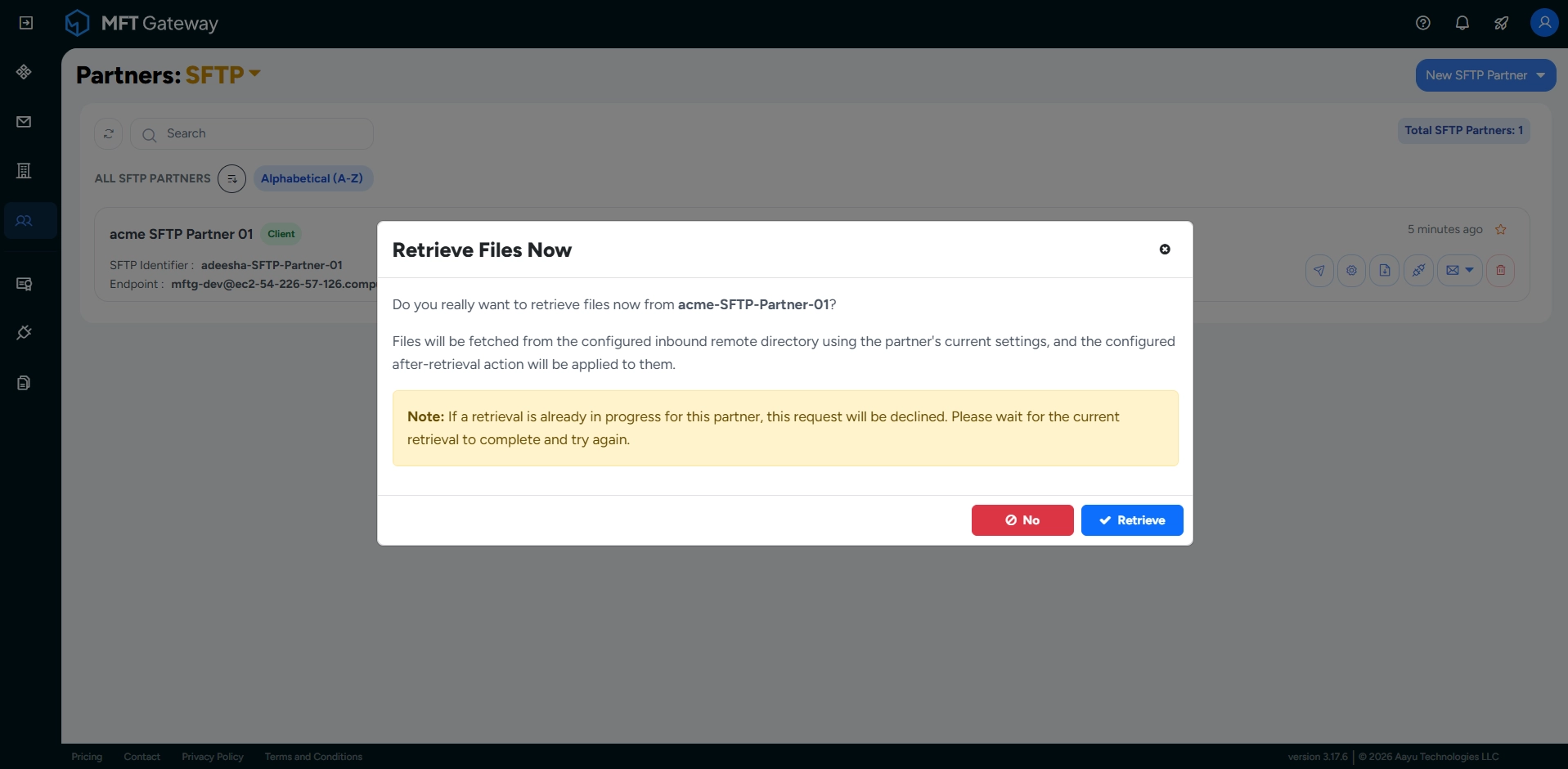 Retrieve Files Now dialog