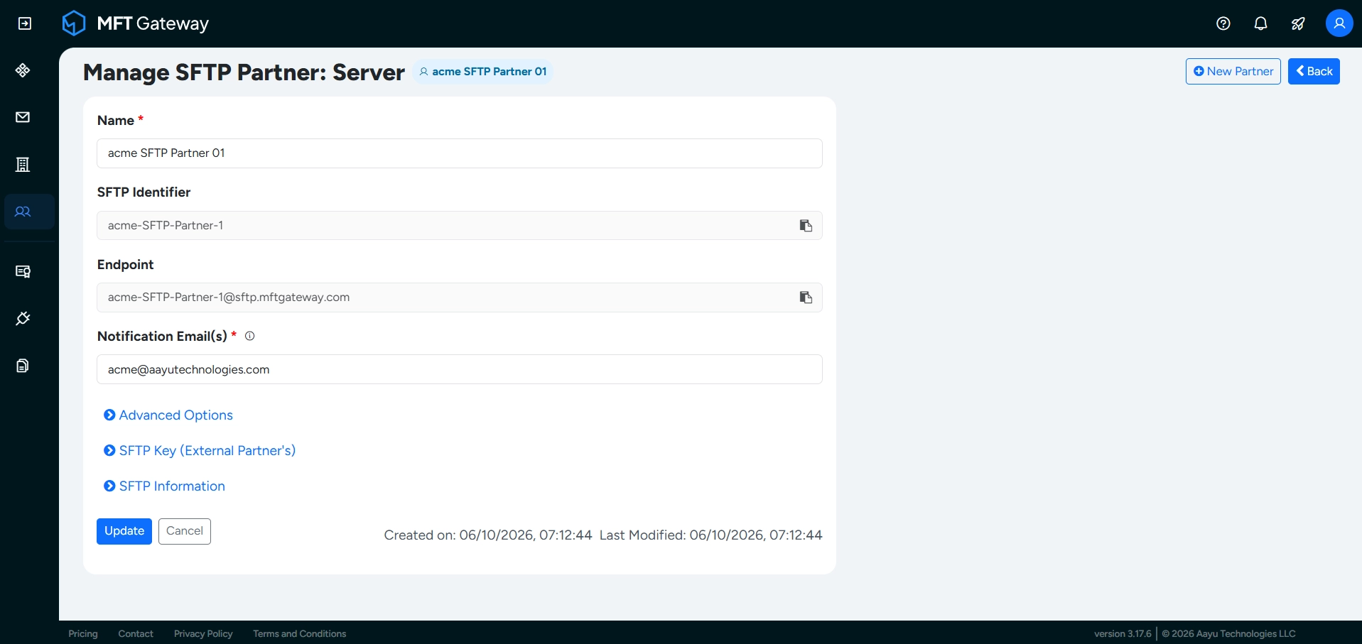 Manage SFTP Partner View