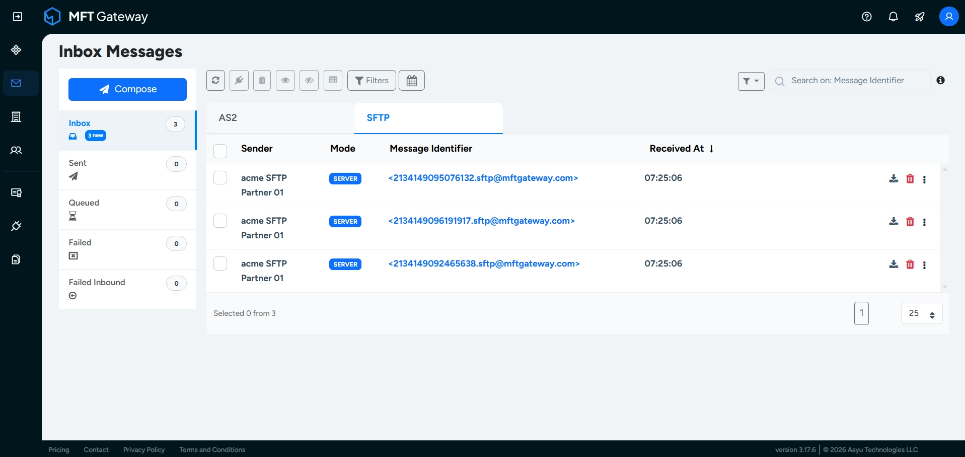 SFTP Inbox Messages SFTP messages list