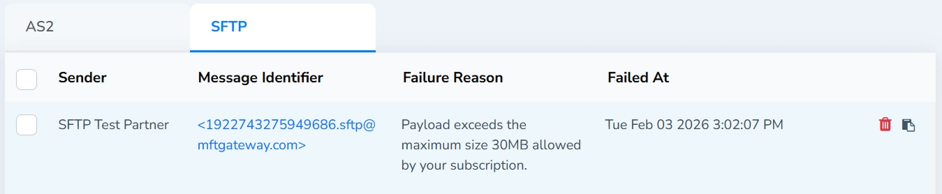 Failed Inbound Messages Table Single Entry Action Buttons
