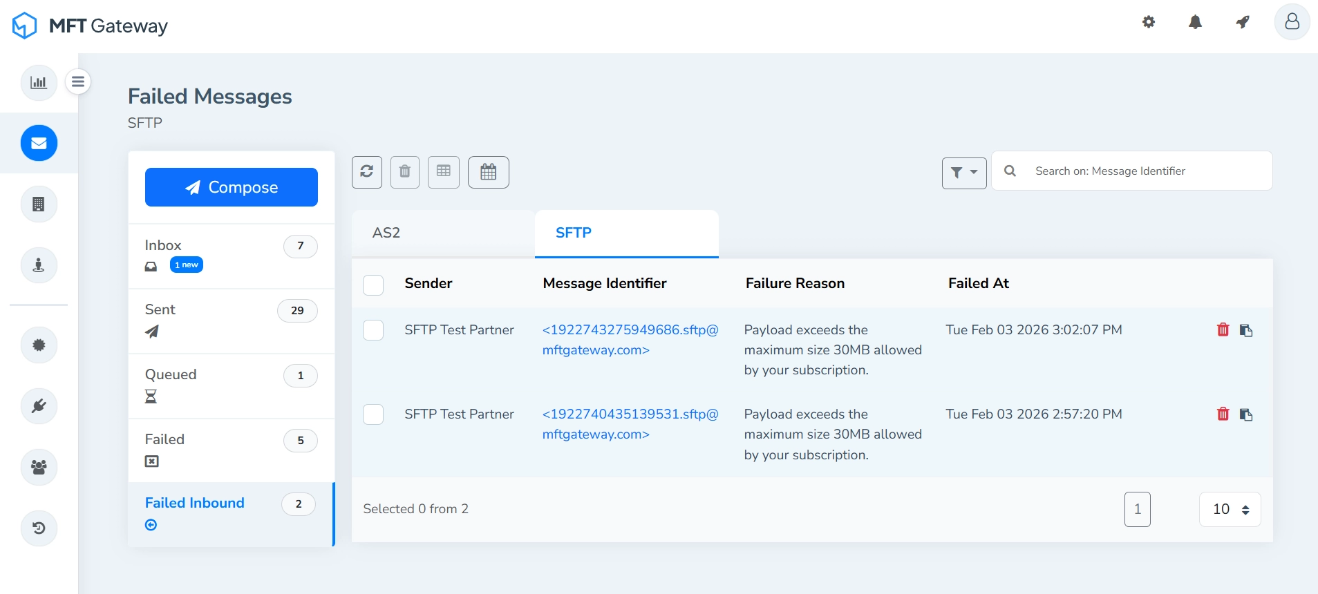 MFT Generator Failed Inbound AS2 Messages View