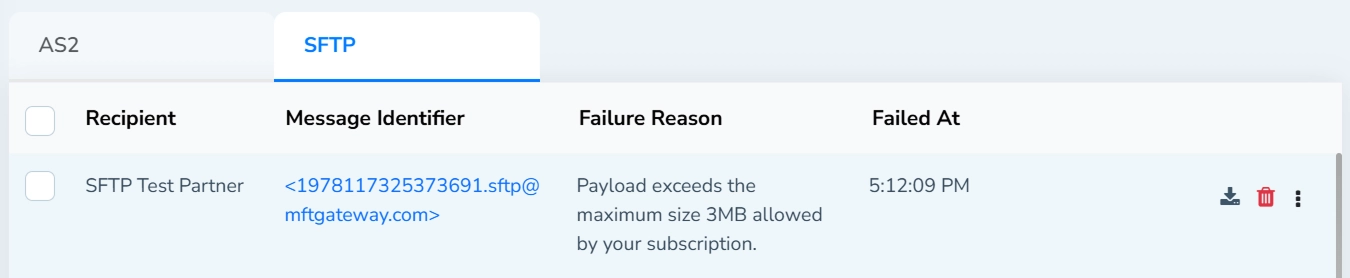 Failed Messages Table Single Entry Action Buttons