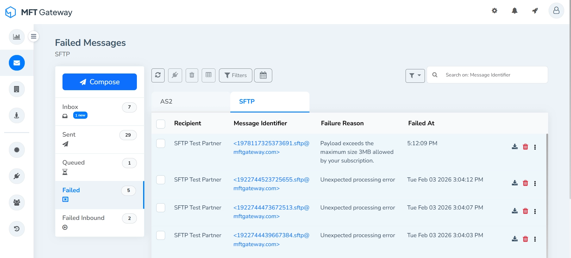 MFT Generator Failed AS2 Messages View