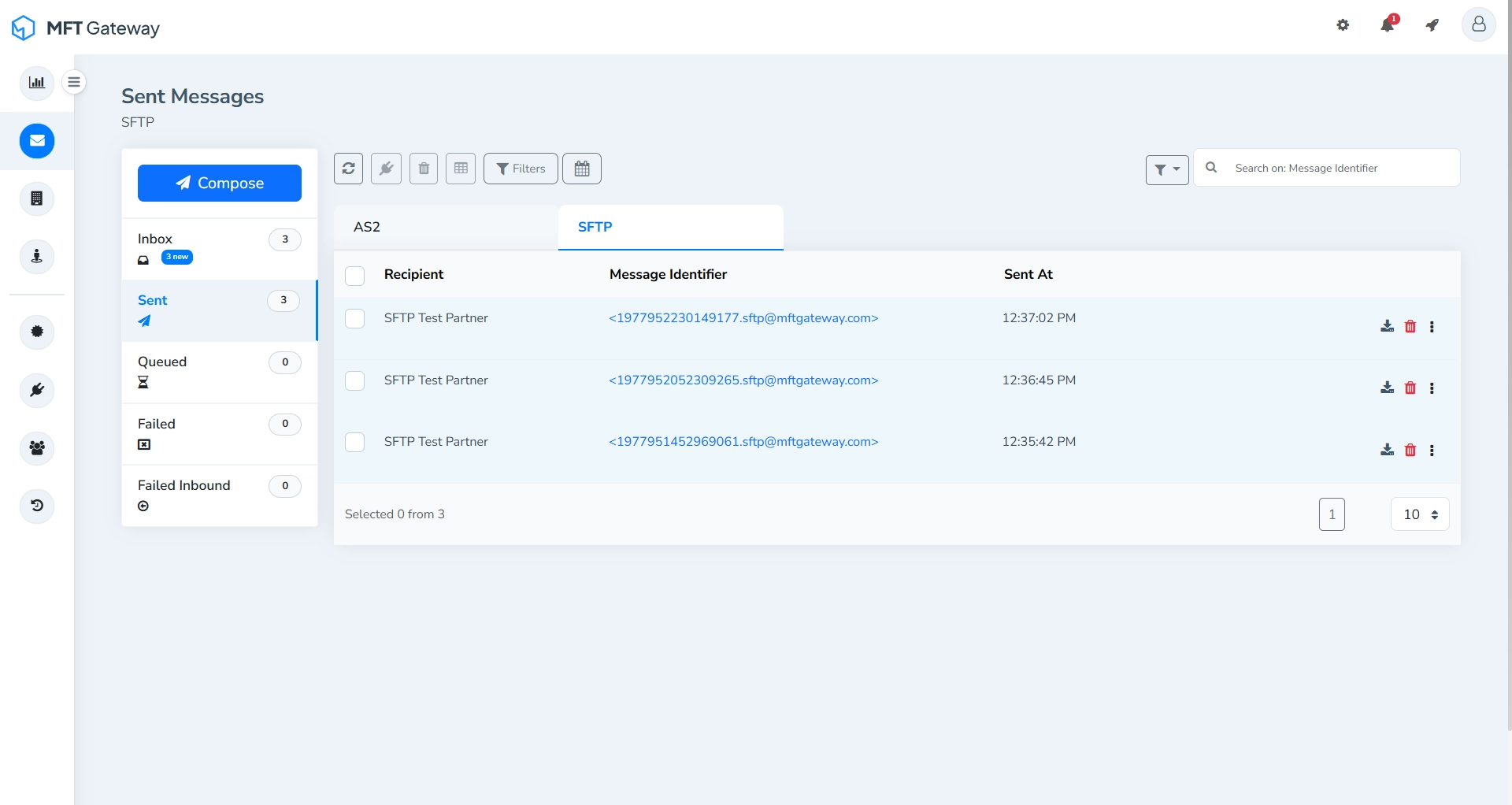 MFT Generator Sent AS2 Messages View