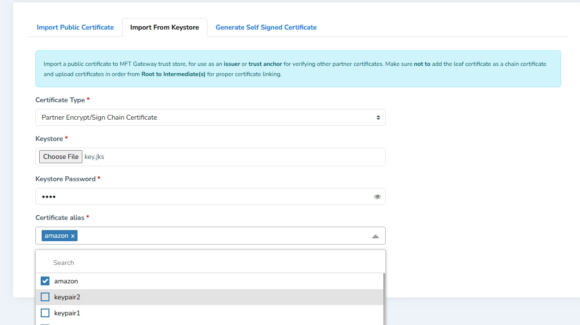 Import Multiple Aliases from Keystore (Partner Encrypt or Sign & HTTPS Chain Certificate)