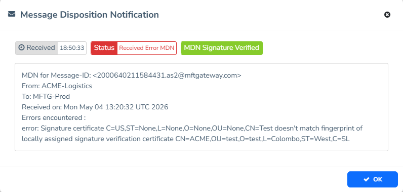 Negative MDN for Signature Verification Failure